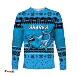 Custom Personalised Cronulla Sutherland Sharks Long Sleeve T-shirts Christmas Simple Style Blue