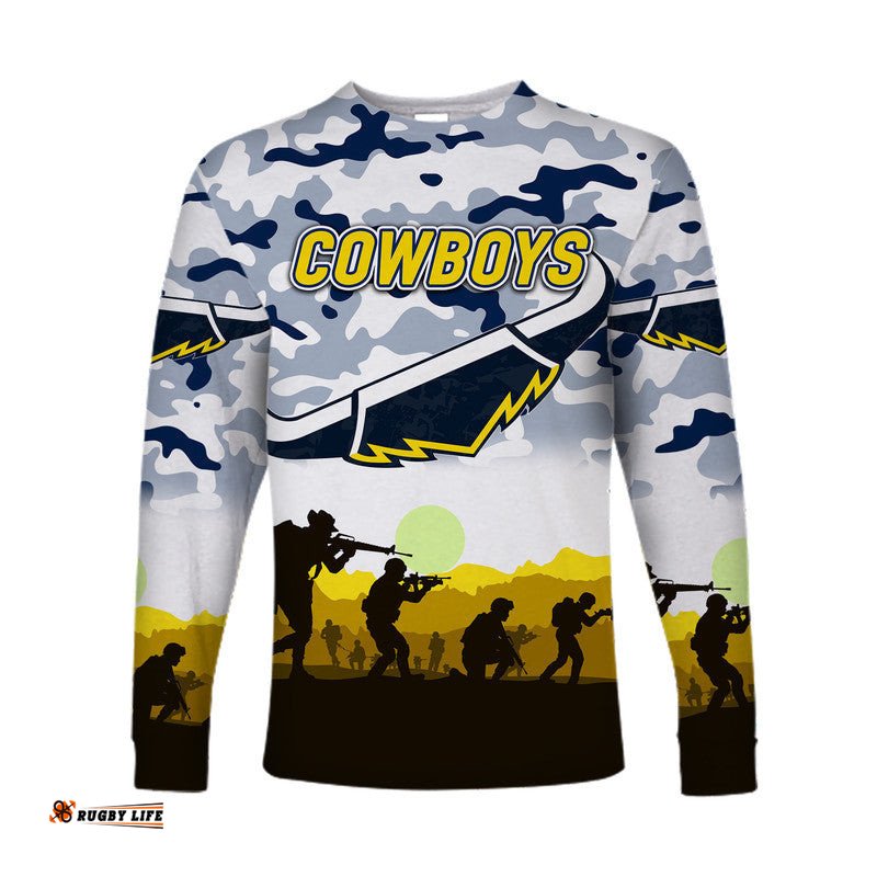 Custom Personalised North Queensland Cowboys ANZAC Long Sleeve T-shirt Simple Style White