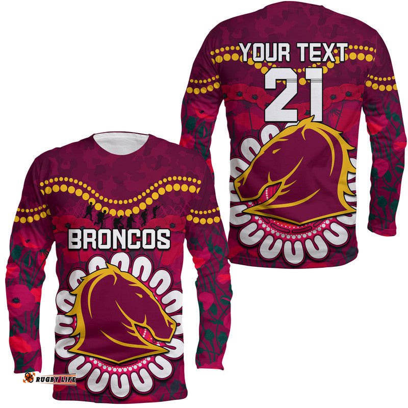 Custom Personalised Broncos Rugby ANZAC Long Sleeve T-shirt Camouflage Poppy