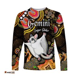 Custom Personalised Australian Astrology Long Sleeve T-shirt Gemini Sugar Glider Zodiac Aboriginal Gold