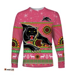 Custom Personalised Panthers Christmas Long Sleeve T-shirt Aboriginal Pattern Penrith Pink Version