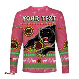 Custom Personalised Panthers Christmas Long Sleeve T-shirt Aboriginal Pattern Penrith Pink Version