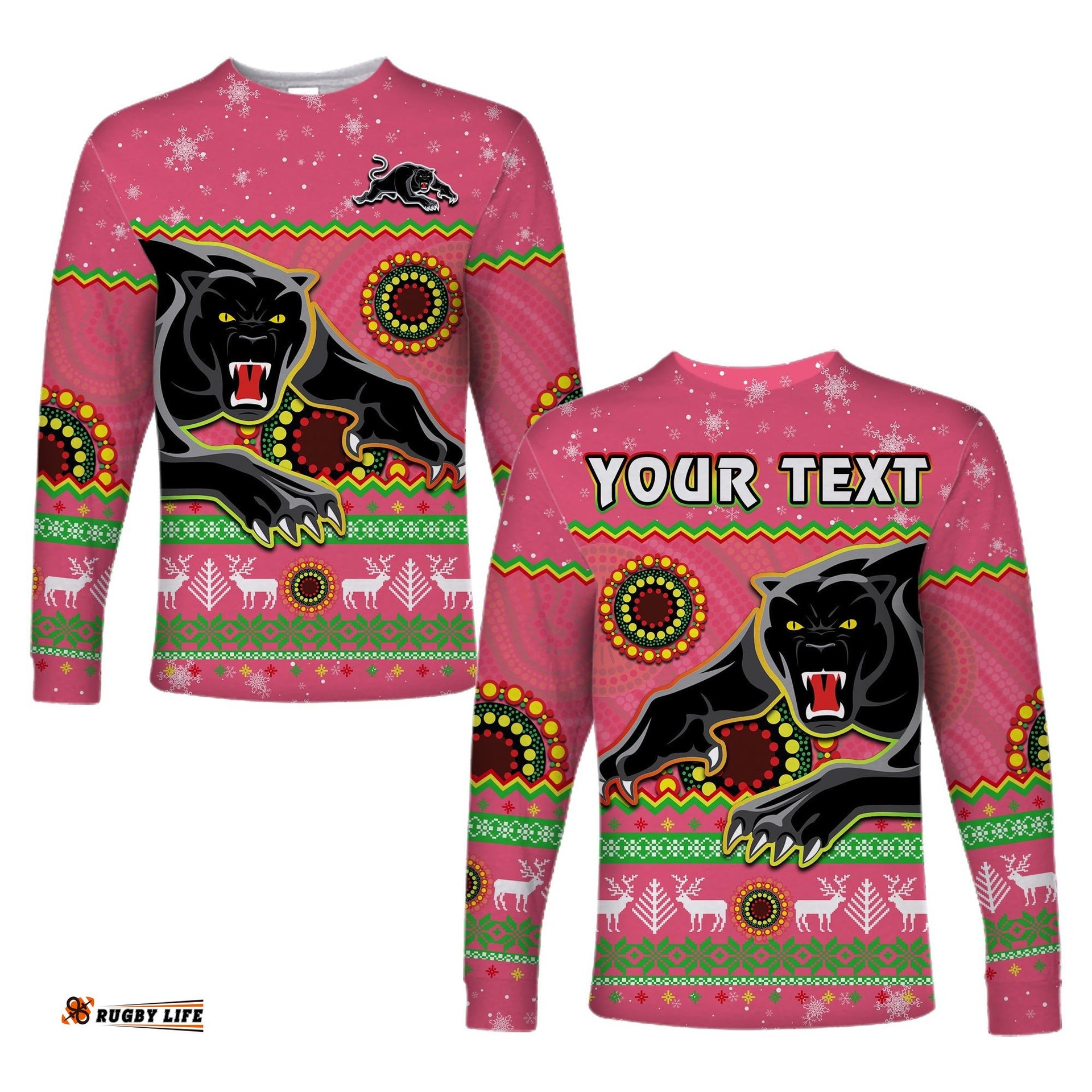 Custom Personalised Panthers Christmas Long Sleeve T-shirt Aboriginal Pattern Penrith Pink Version