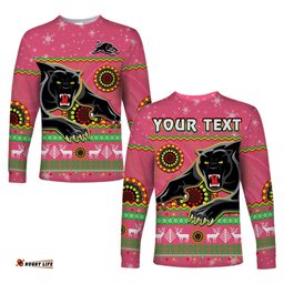 Custom Personalised Panthers Christmas Long Sleeve T-shirt Aboriginal Pattern Penrith Pink Version