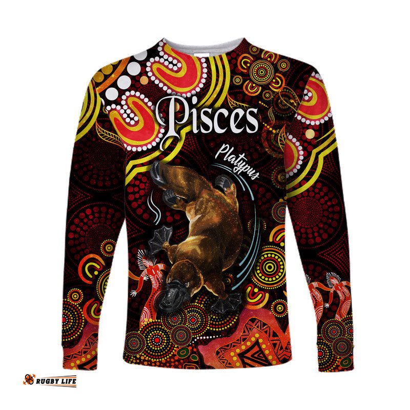 Custom Personalised Australian Astrology Long Sleeve T-shirt Pisces Platypus Zodiac Aboriginal Red