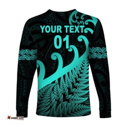 Custom Personalised New Zealand Rugby Maori Long Sleeve T-shirt Silver Fern Koru Turquoise