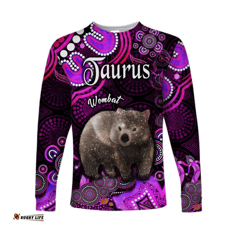 Custom Personalised Australian Astrology Long Sleeve T-shirt Taurus Wombat Zodiac Aboriginal Pink