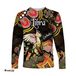 Custom Personalised Australian Astrology Long Sleeve T-shirt Libra Cockatoo Glider Zodiac Aboriginal Gold