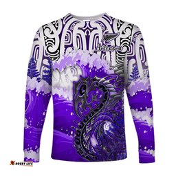 Custom Personalised Manaia Maori Long Sleeve T-shirt Fern Aotearoa Purple Waves
