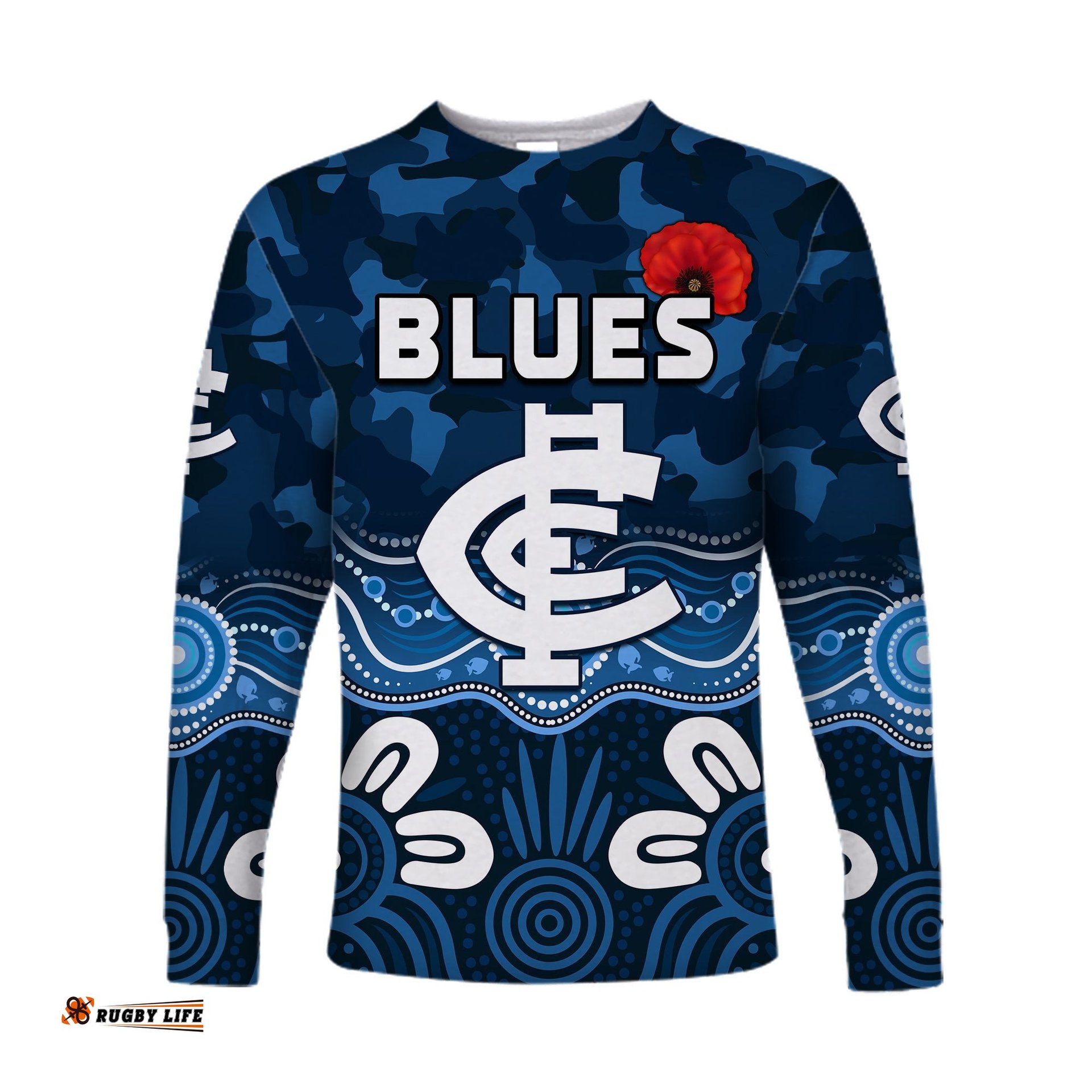 Blues Anzac Long Sleeve T-shirt Carlton Football Aboriginal Poppy