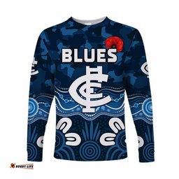 Blues Anzac Long Sleeve T-shirt Carlton Football Aboriginal Poppy