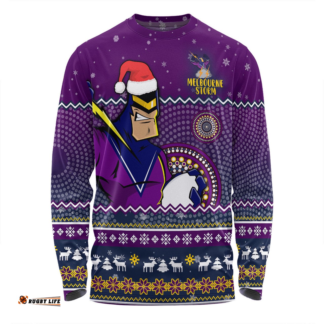 Melbourne Storm Christmas Custom Long Sleeve T-shirt - Ugly Xmas And Aboriginal Patterns For Die Hard Fan Long Sleeve T-shirt