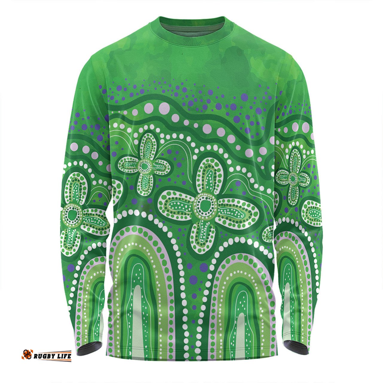 Australia Aboriginal Long Sleeve T-shirt - Dot painting illustration in Aboriginal style Green Long Sleeve T-shirt
