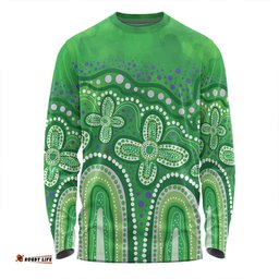 Australia Aboriginal Long Sleeve T-shirt - Dot painting illustration in Aboriginal style Green Long Sleeve T-shirt
