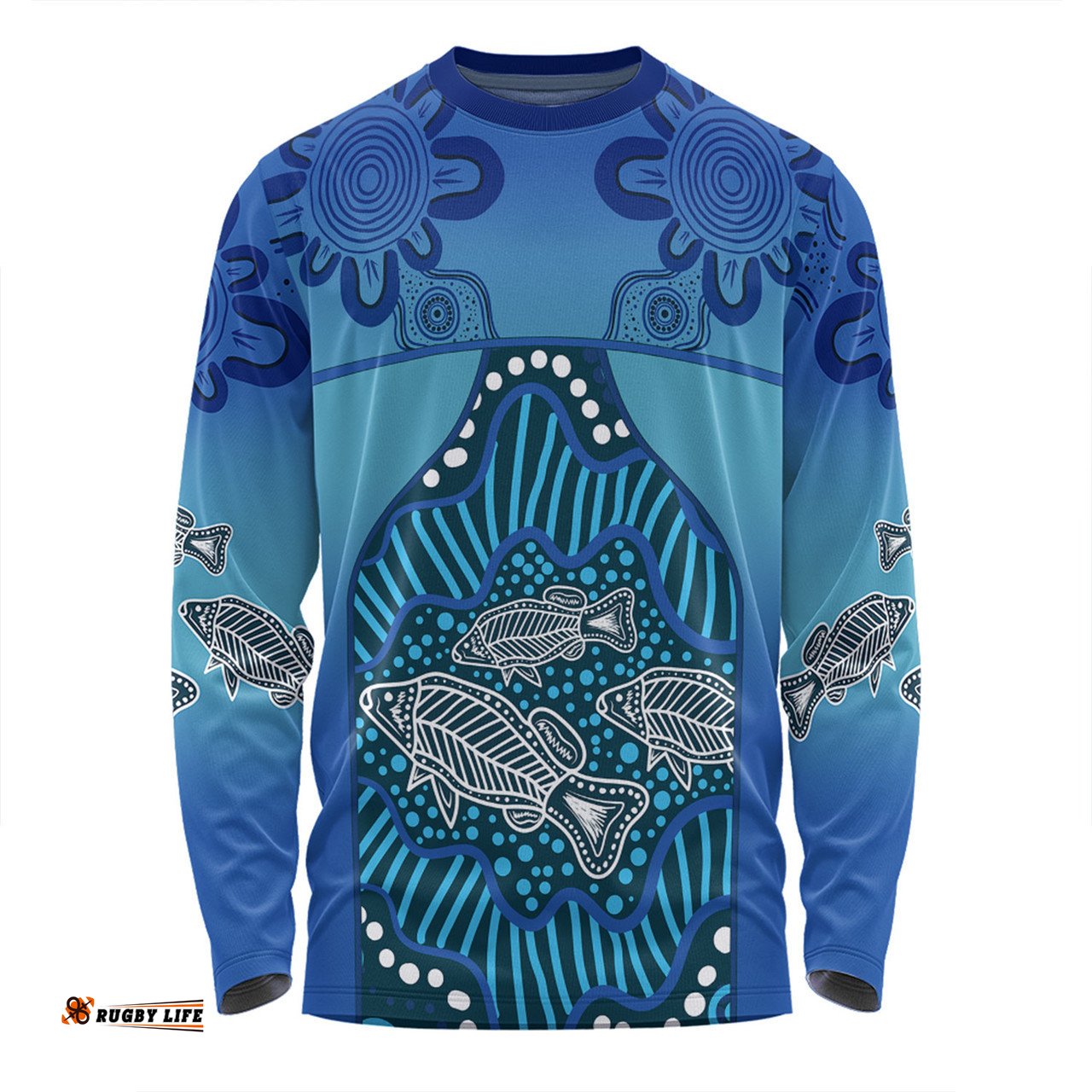 Australia Aboriginal Custom Long Sleeve T-shirt - Blue Aboriginal Dot With Fish Long Sleeve T-shirt
