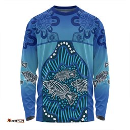 Australia Aboriginal Custom Long Sleeve T-shirt - Blue Aboriginal Dot With Fish Long Sleeve T-shirt