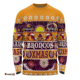 Brisbane Broncos Christmas Aboriginal Custom Long Sleeve T-shirt - Indigenous Knitted Ugly Xmas Style Long Sleeve T-shirt