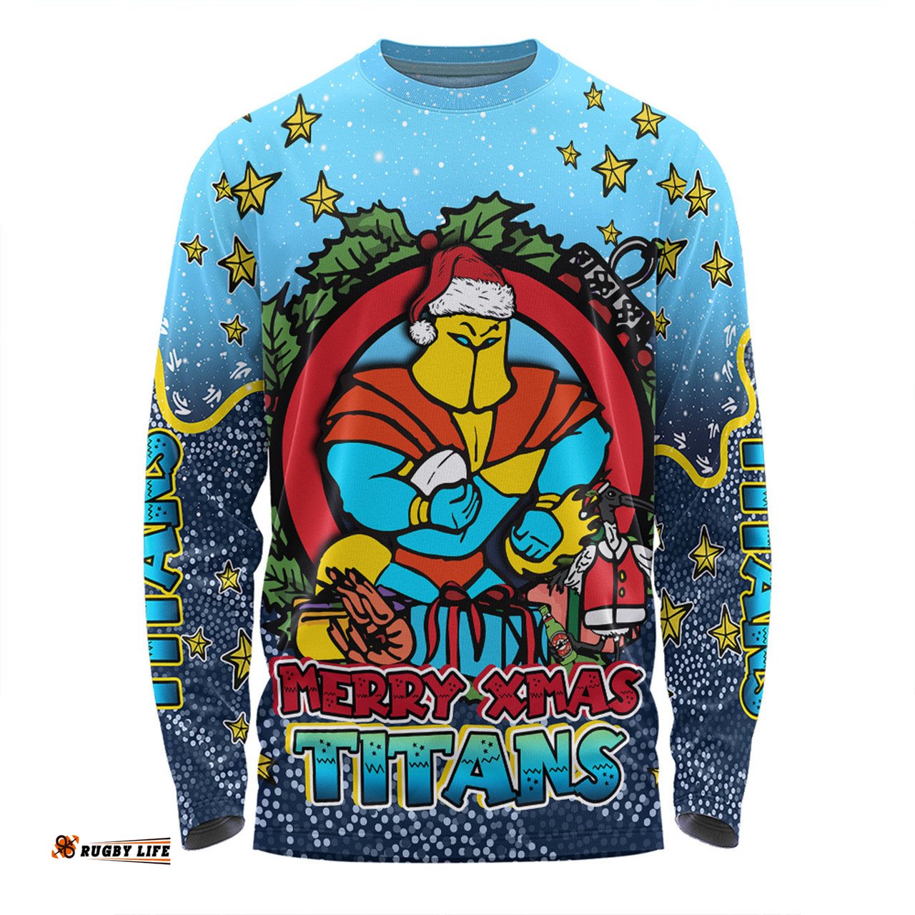 Gold Coast Titans Christmas Custom Long Sleeve T-shirt - Merry Christmas Our Beloved Team With Aboriginal Dot Art Pattern Long Sleeve T-shirt
