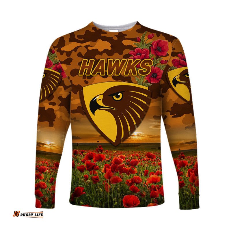 Custom Personalised Hawthorn Hawks ANZAC Long Sleeve T-shirt Poppy