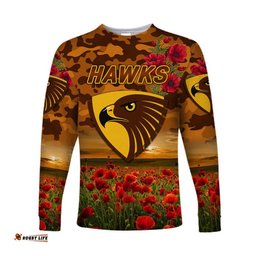 Custom Personalised Hawthorn Hawks ANZAC Long Sleeve T-shirt Poppy