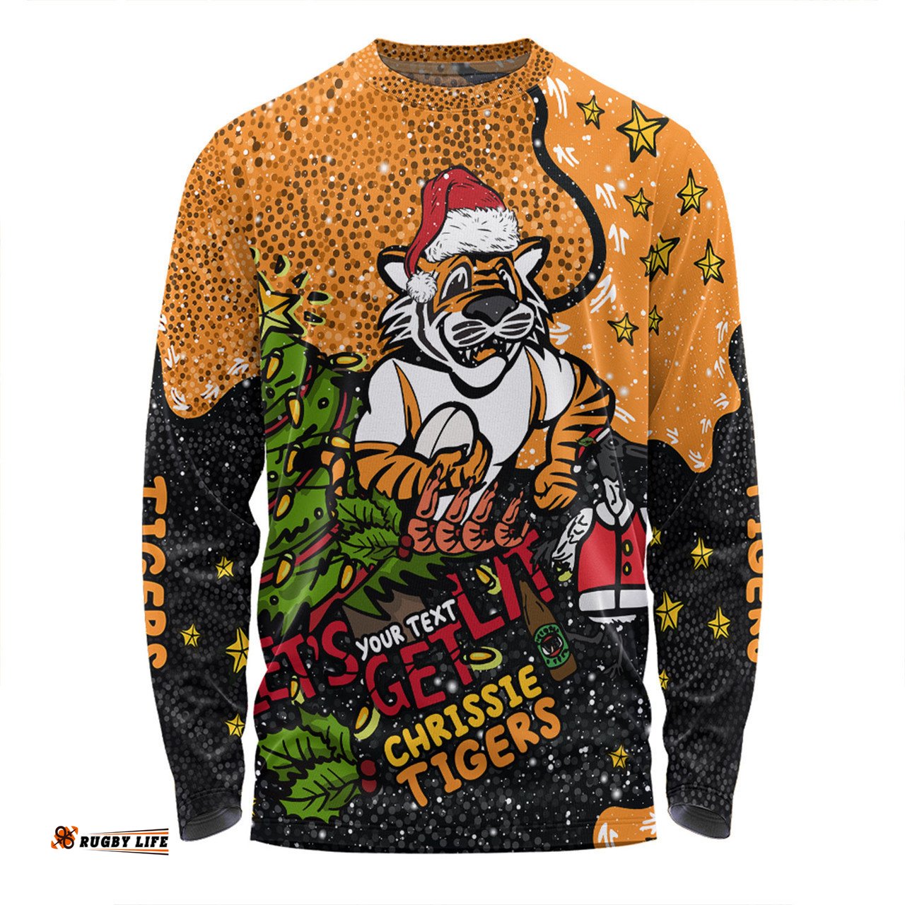 Wests Tigers Christmas Custom Long Sleeve T-shirt - Let's Get Lit Chrisse Pressie Long Sleeve T-shirt