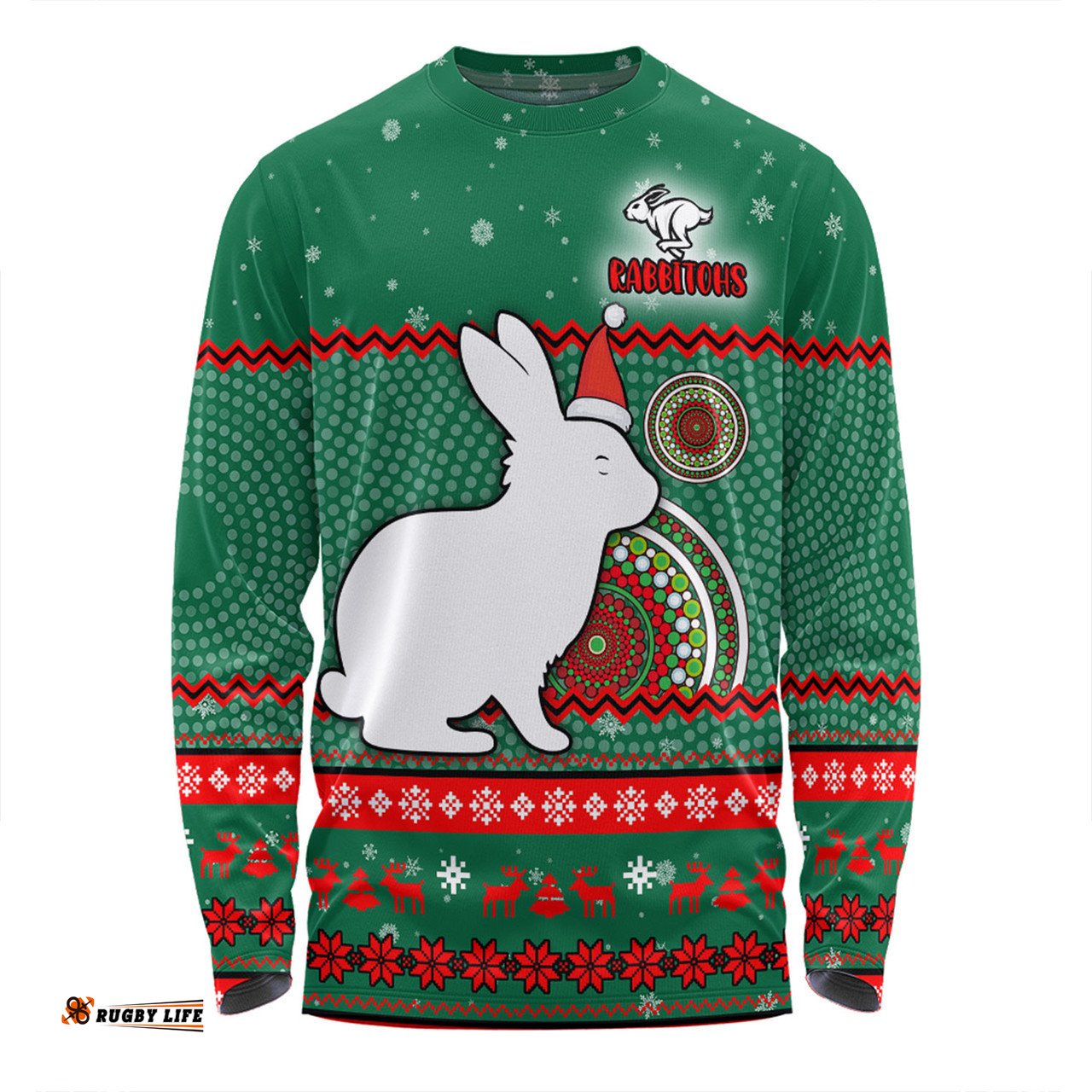 South Sydney Rabbitohs Custom Long Sleeve T-shirt - Ugly Xmas And Aboriginal Patterns For Die Hard Fan Long Sleeve T-shirt