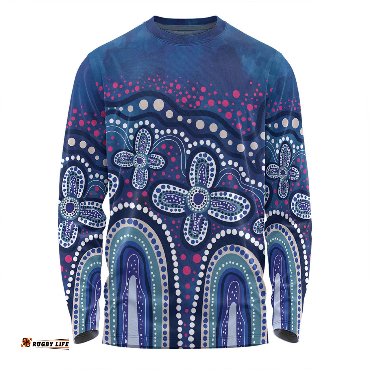 Australia Aboriginal Long Sleeve T-shirt - Dot painting illustration in Aboriginal style Blue Long Sleeve T-shirt