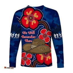 Australia ANZAC Long Sleeve T-shirt Lest We Forget Camouflage Mix Aboriginal Poppies And Slouch Hat