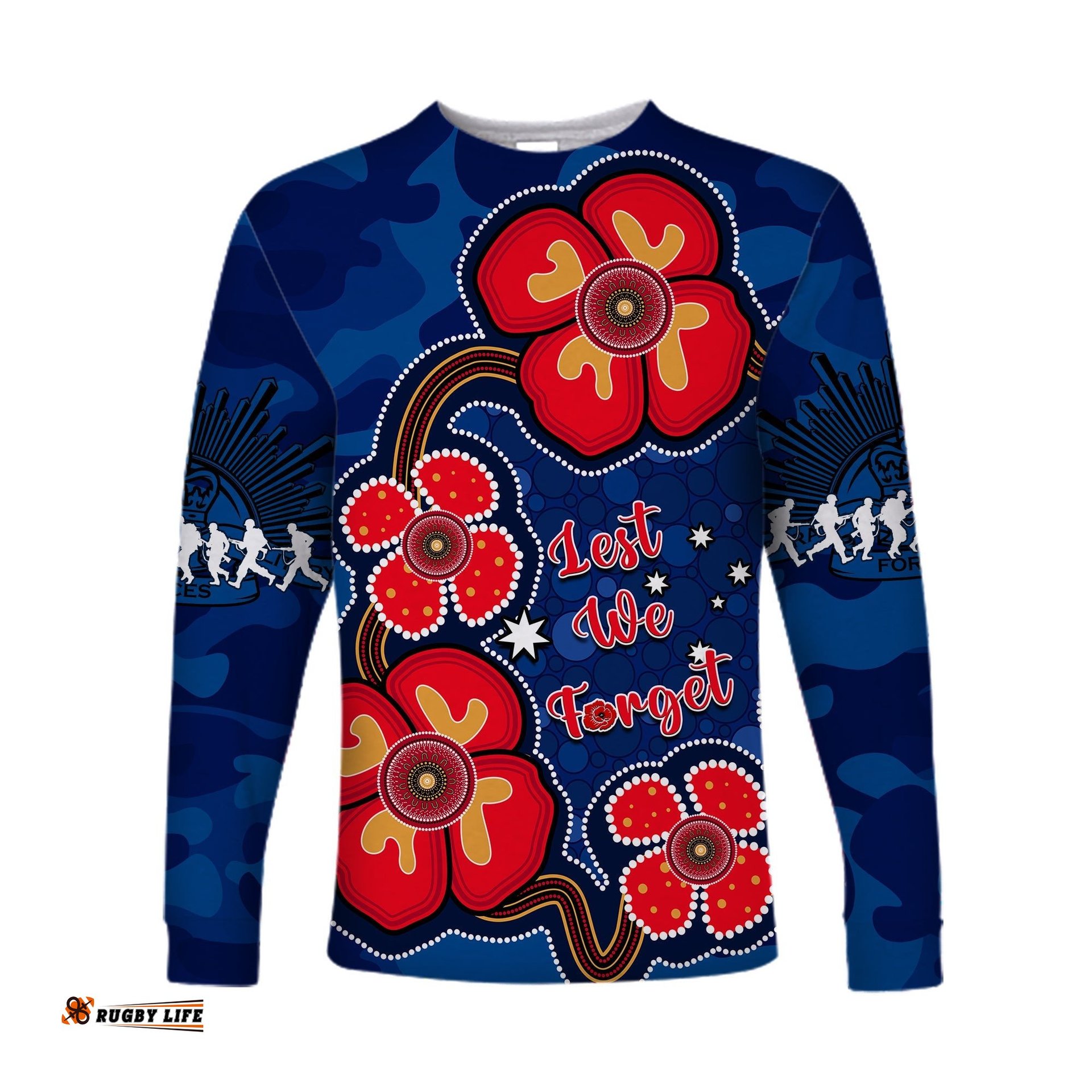 Australia ANZAC Long Sleeve T-shirt Lest We Forget Camouflage Mix Aboriginal Poppies And Slouch Hat