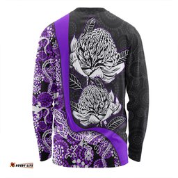 Australia  Warratah Goanna Aboriginal Long Sleeve T-shirt - Waratah Flowers With Purple Lizards, Stones, Sand Dot Art Painting Inspired Long Sleeve T-shirt
