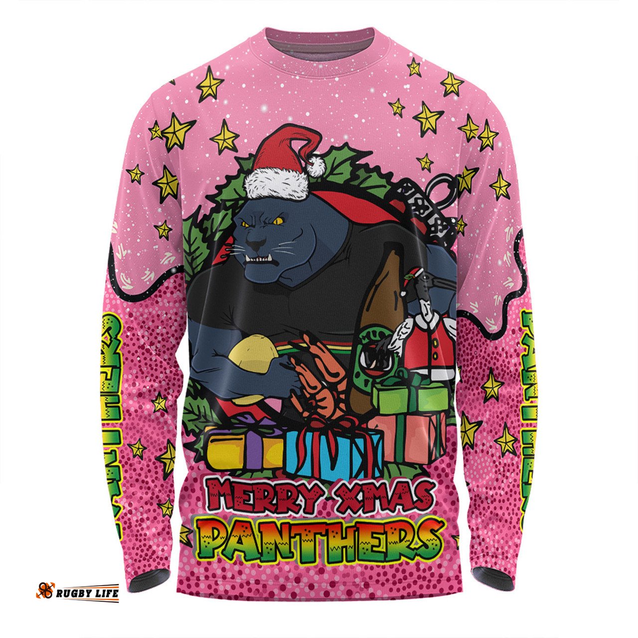 Penrith Panthers Christmas Custom Long Sleeve T-shirt - Merry Christmas Our Beloved Team With Aboriginal Dot Art Pattern V2 Long Sleeve T-shirt