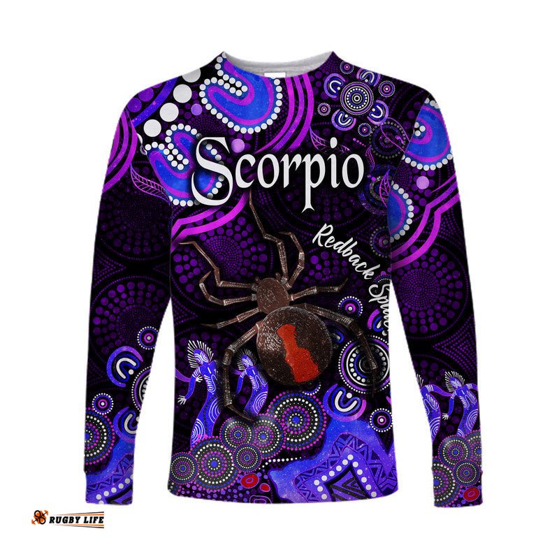 Custom Personalised Australian Astrology Long Sleeve T-shirt Scorpio Redback Spider Zodiac Aboriginal Purple