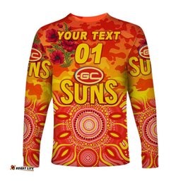 Custom Personalised Gold Coast Suns ANZAC Long Sleeve T-shirt Indigenous