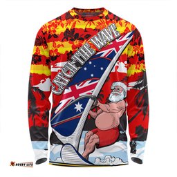 Australia Surfing Christmas Long Sleeve T-shirt - Tropical Santa Catch The Wave Long Sleeve T-shirt