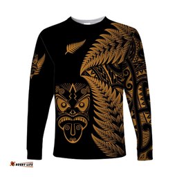 Custom Personalised New Zealand Haka Rugby Maori Long Sleeve T-shirt Silver Fern Gold