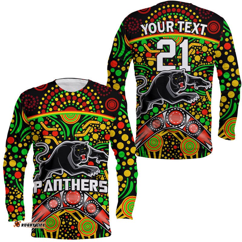 Custom Personalised Panthers Rugby Long Sleeve T-shirt Boomerang Indigenous Dots