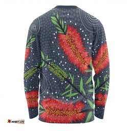 Australia Flowers Aboriginal Long Sleeve T-shirt - Red Bottle Brush Tree Depicted In Aboriginal Style Long Sleeve T-shirt