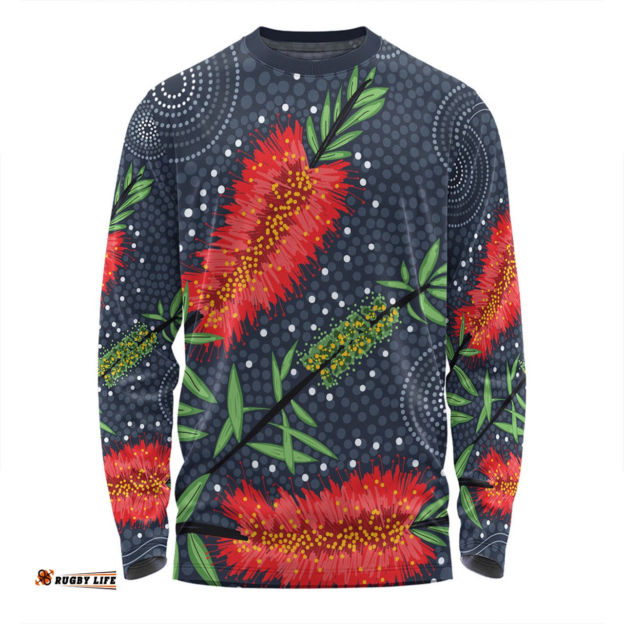 Australia Flowers Aboriginal Long Sleeve T-shirt - Red Bottle Brush Tree Depicted In Aboriginal Style Long Sleeve T-shirt