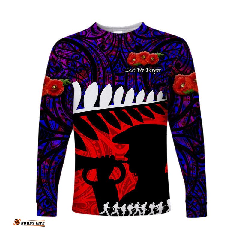 Custom Personalised New Zealand Maori ANZAC Long Sleeve T-shirt Remembrance Soldier Purple