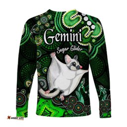 Australian Astrology Long Sleeve T-shirt Gemini Sugar Glider Zodiac Aboriginal Green