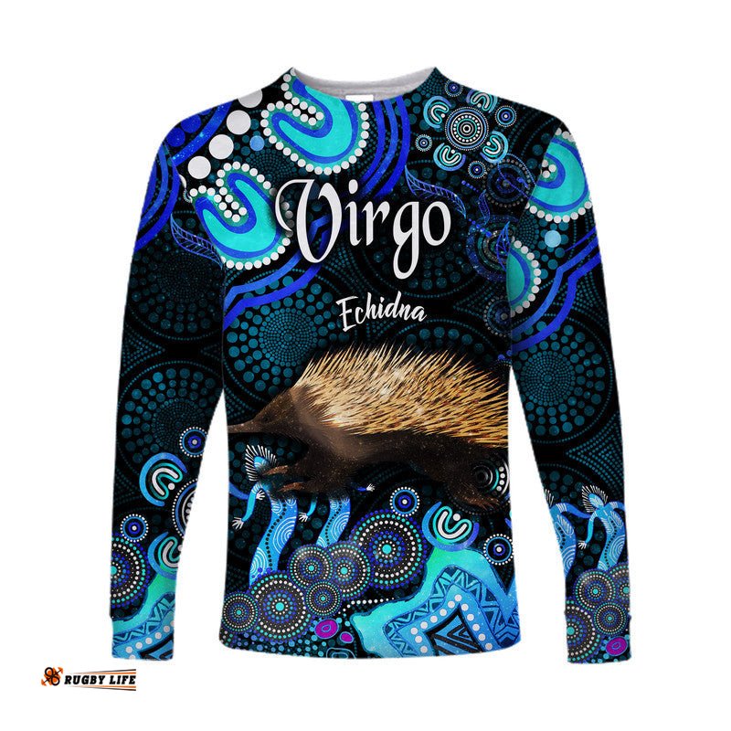 Custom Personalised Australian Astrology Long Sleeve T-shirt Virgo Echidna Zodiac Aboriginal Blue