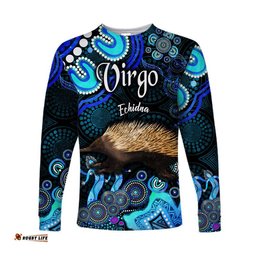 Custom Personalised Australian Astrology Long Sleeve T-shirt Virgo Echidna Zodiac Aboriginal Blue