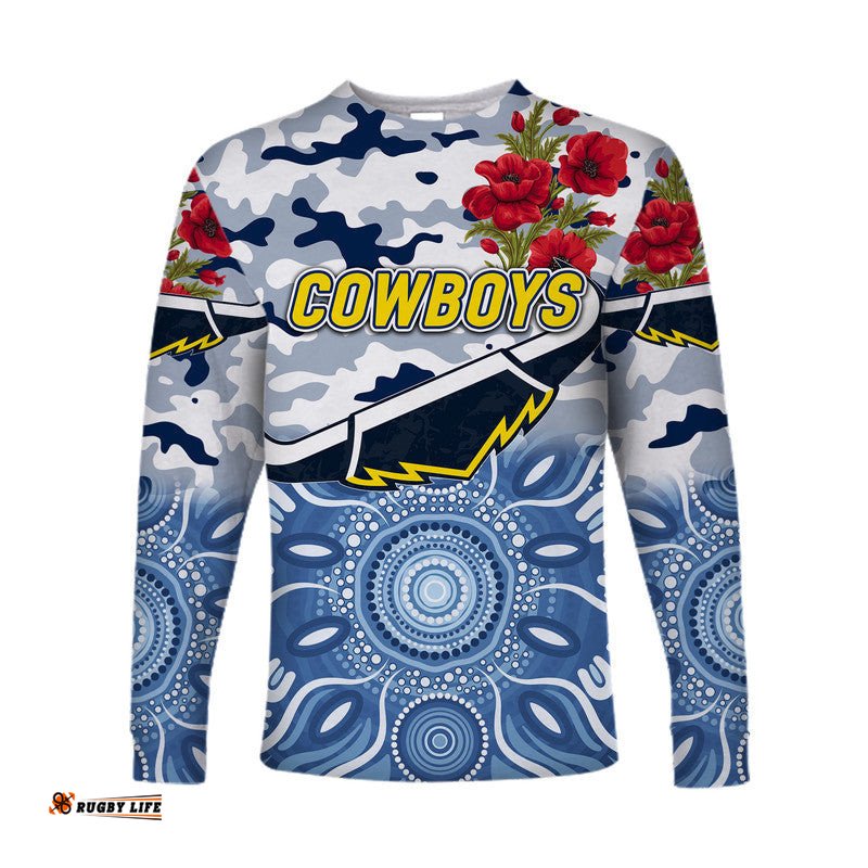 Custom Personalised North Queensland Cowboys ANZAC Long Sleeve T-shirt Indigenous White