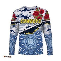 Custom Personalised North Queensland Cowboys ANZAC Long Sleeve T-shirt Indigenous White