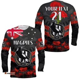 Custom Personalised Magpies Football ANZAC Long Sleeve T-shirt Lest We Forget