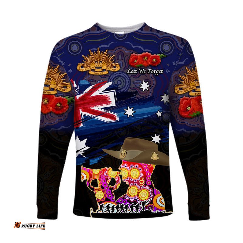 Australia Aboriginal ANZAC Long Sleeve T-shirt Remembrance Navy