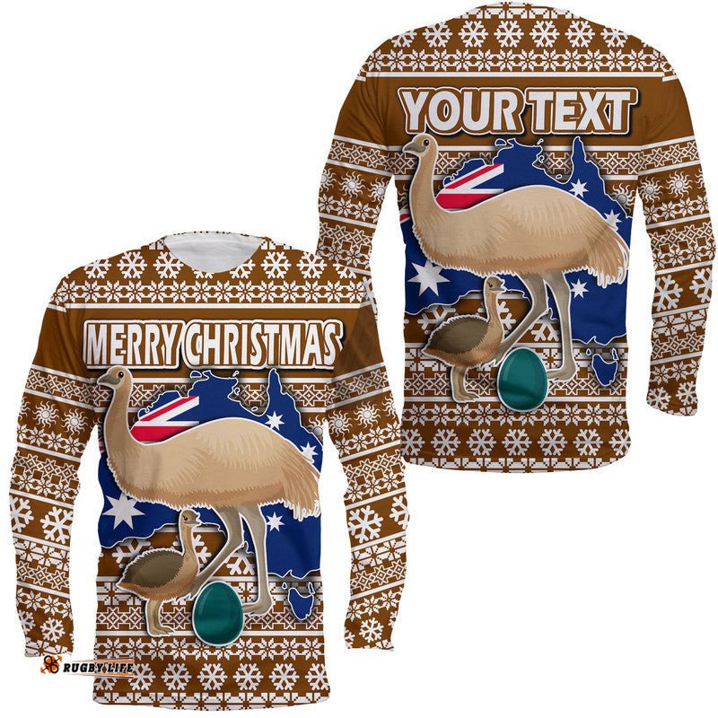 Custom Personalised Australian Emu Christmas With Aboriginal Dot Painting Style Long Sleeve T-shirt