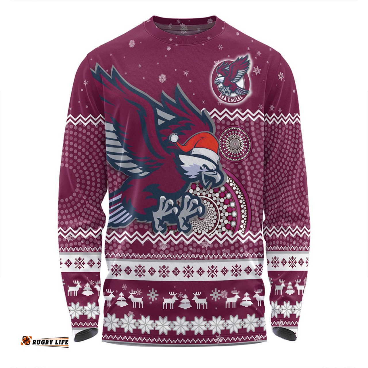 Manly Warringah Sea Eagles Christmas Custom Long Sleeve T-shirt - Ugly Xmas And Aboriginal Patterns For Die Hard Fan Long Sleeve T-shirt
