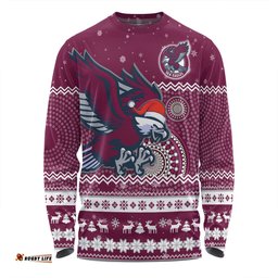 Manly Warringah Sea Eagles Christmas Custom Long Sleeve T-shirt - Ugly Xmas And Aboriginal Patterns For Die Hard Fan Long Sleeve T-shirt