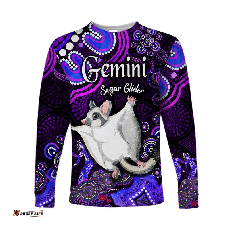 Custom Personalised Australian Astrology Long Sleeve T-shirt Gemini Sugar Glider Zodiac Aboriginal Purple